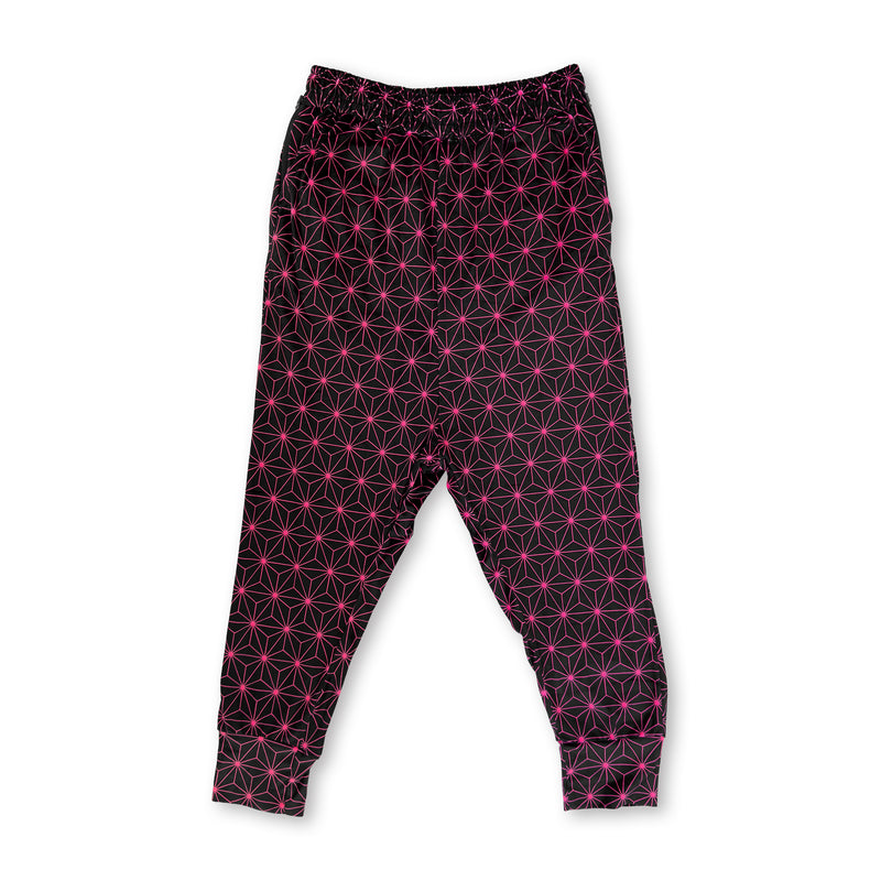 First Earth Asanoha Pink UV velvet harem joggers front with neon pink geometric asanoha pattern on black