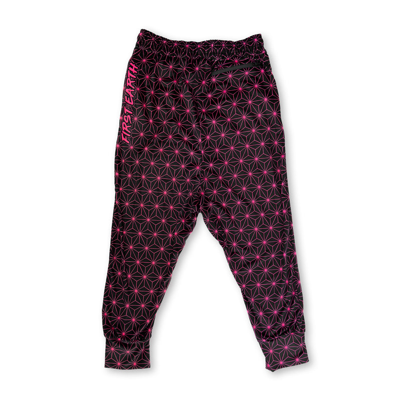 First Earth Asanoha Pink UV velvet harem joggers back with neon pink geometric asanoha pattern on black