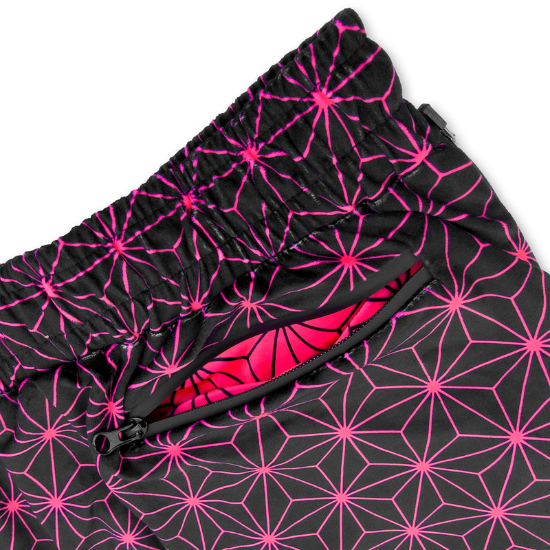 Close up of First Earth Asanoha Pink UV velvet harem joggers back zipper pocket