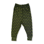 First Earth Asanoha Yellow UV velvet harem joggers front with neon yellow geometric asanoha pattern on black