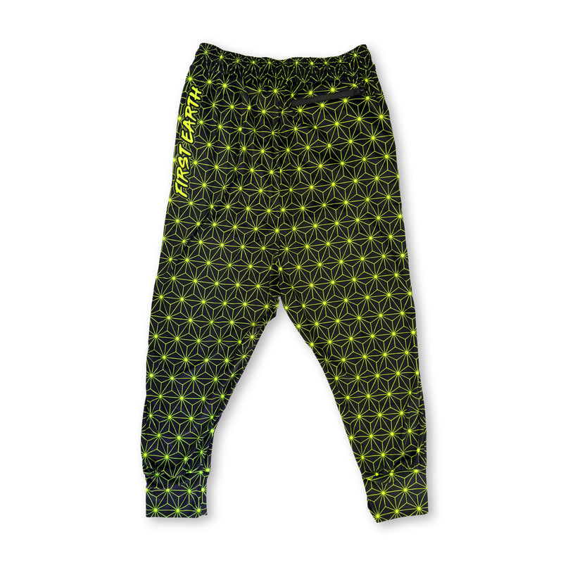 First Earth Asanoha Yellow UV velvet harem joggers back with neon yellow geometric asanoha pattern on black