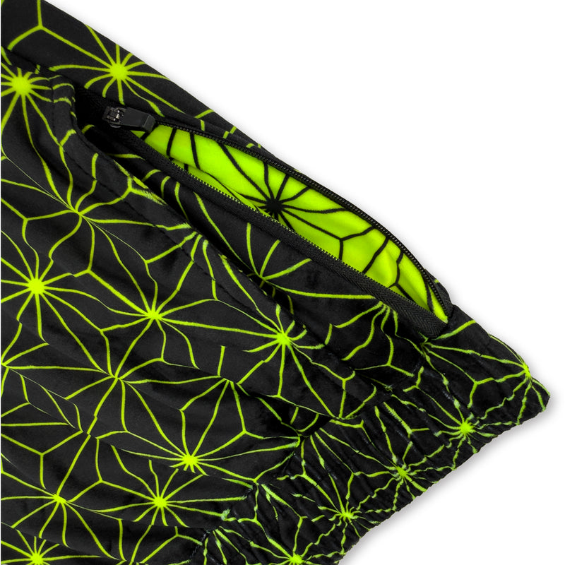 Close up of First Earth Asanoha Yellow UV velvet harem joggers hip zipper pocket