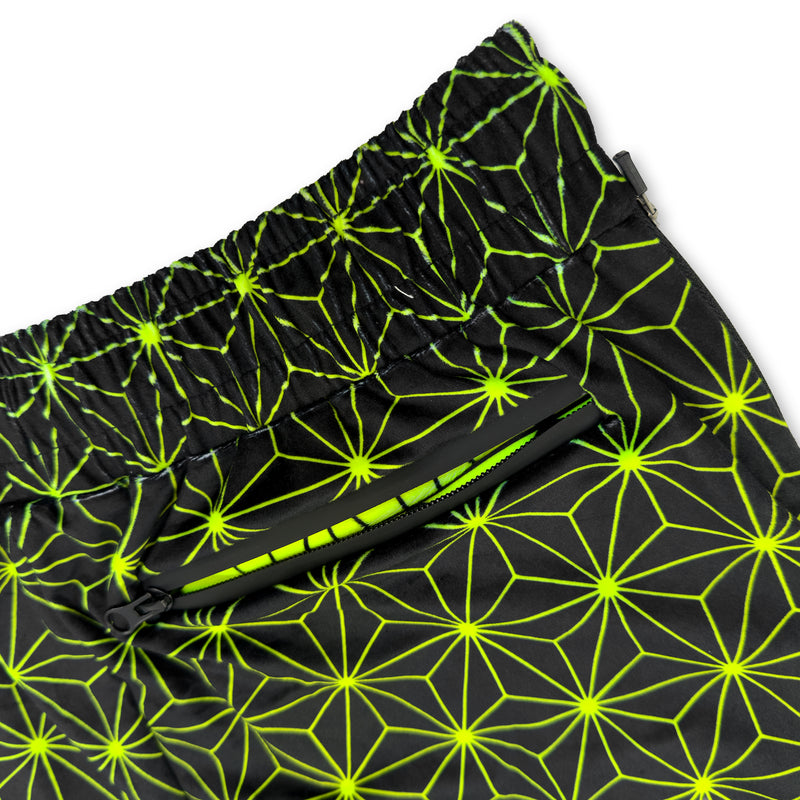 Close up of First Earth Asanoha Yellow UV velvet harem joggers back zipper pocket