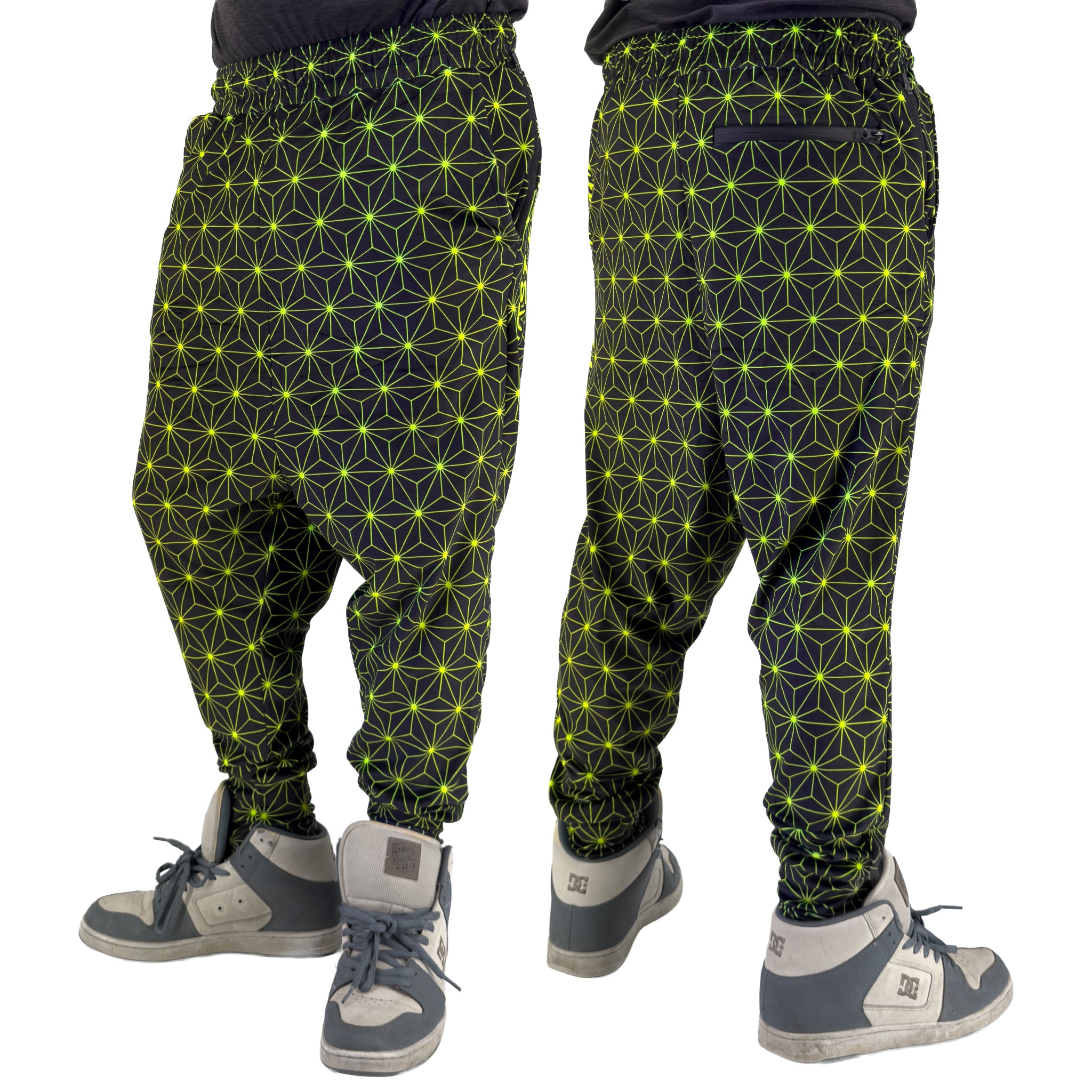 First Earth Asanoha Yellow velvet harem joggers on model showing front and back views with yellow geometric asanoha pattern