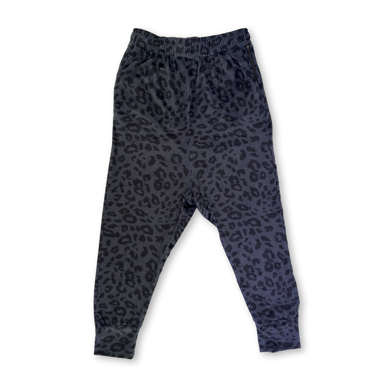 First Earth Midnight Cheetah velvet harem joggers front with dark grey leopard print