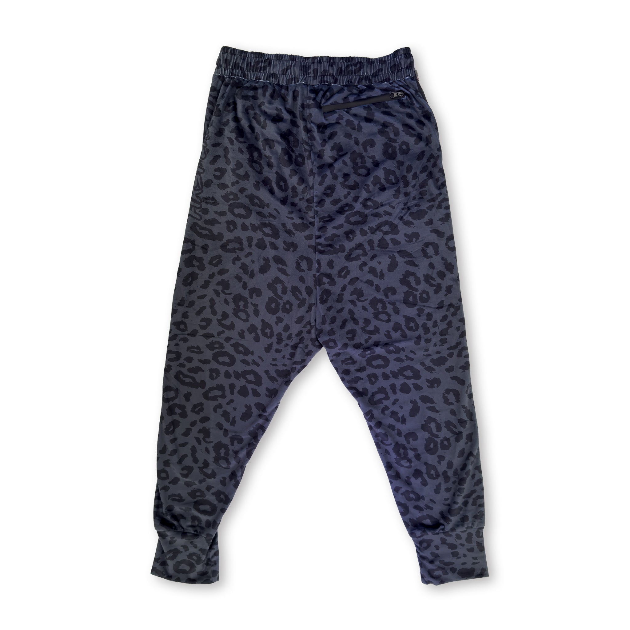 First Earth Midnight Cheetah velvet harem joggers back with zipper pocket and dark leopard print