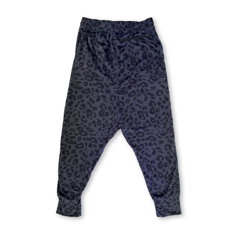 First Earth Midnight Cheetah velvet harem joggers back with zipper pocket and dark leopard print
