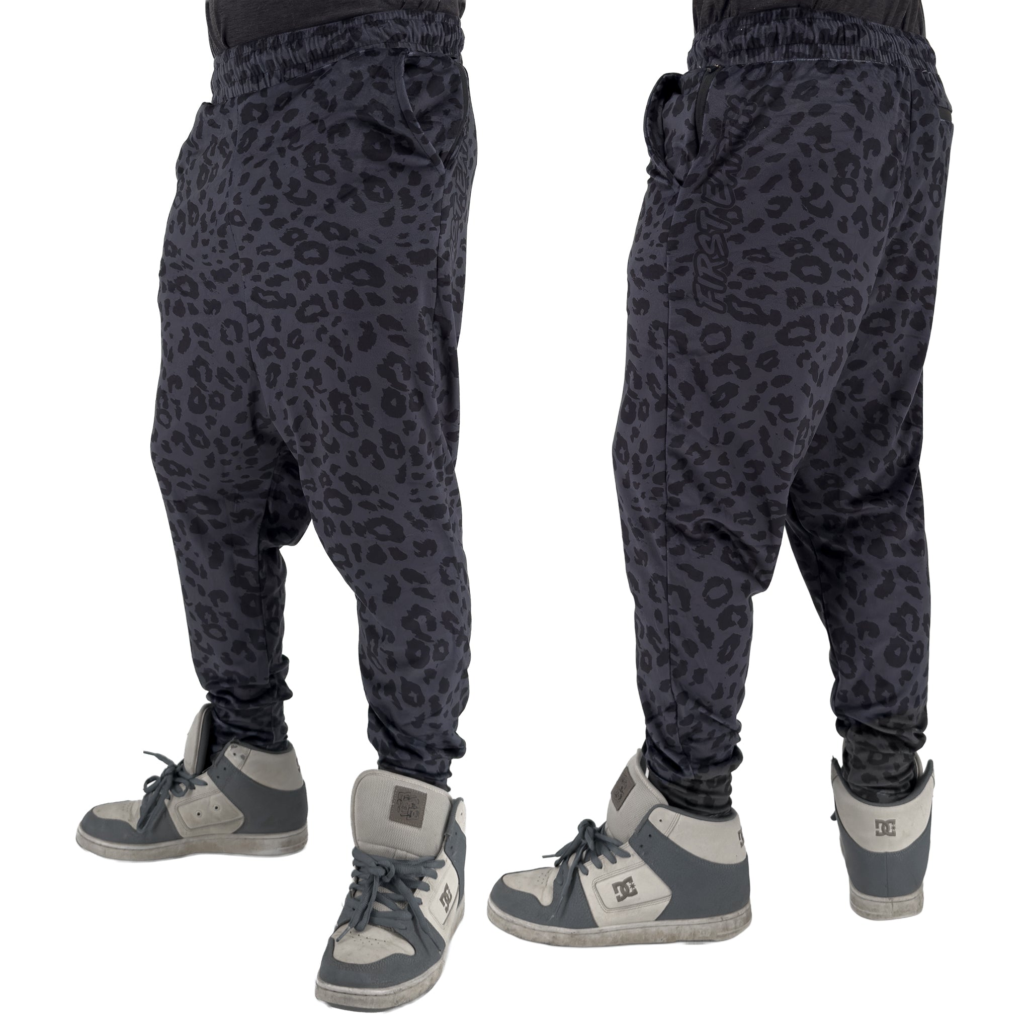 First Earth Midnight Cheetah velvet harem joggers on model showing front and back views with dark cheetah print