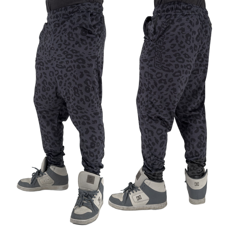 First Earth Midnight Cheetah velvet harem joggers on model showing front and back views with dark cheetah print
