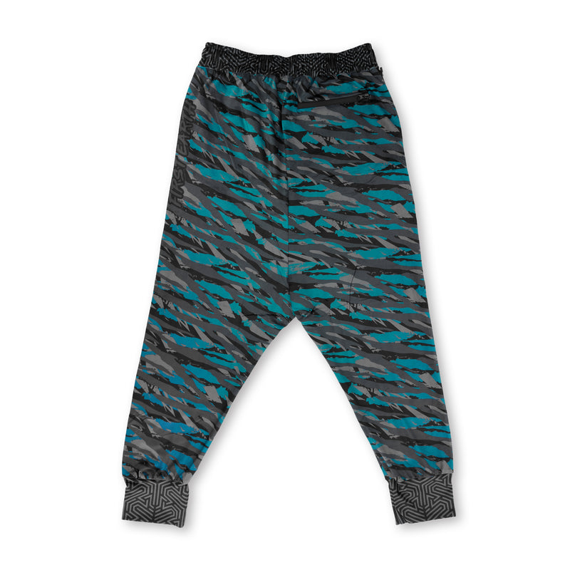 First Earth Shadow velvet harem joggers back with teal, grey, and black striped pattern and back zipper pocket