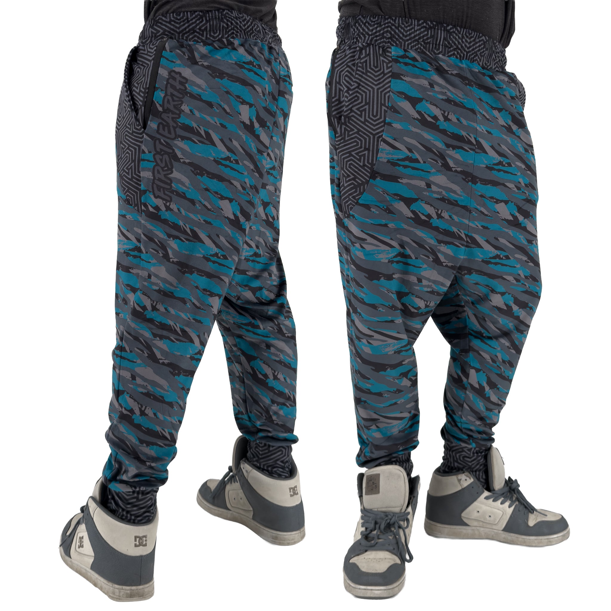 First Earth Shadow velvet harem joggers on model showing front and back views with teal and grey abstract stripe pattern
