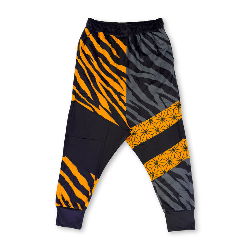 First Earth Sacred Stripes UV velvet harem joggers front with orange tiger stripe rave pants design