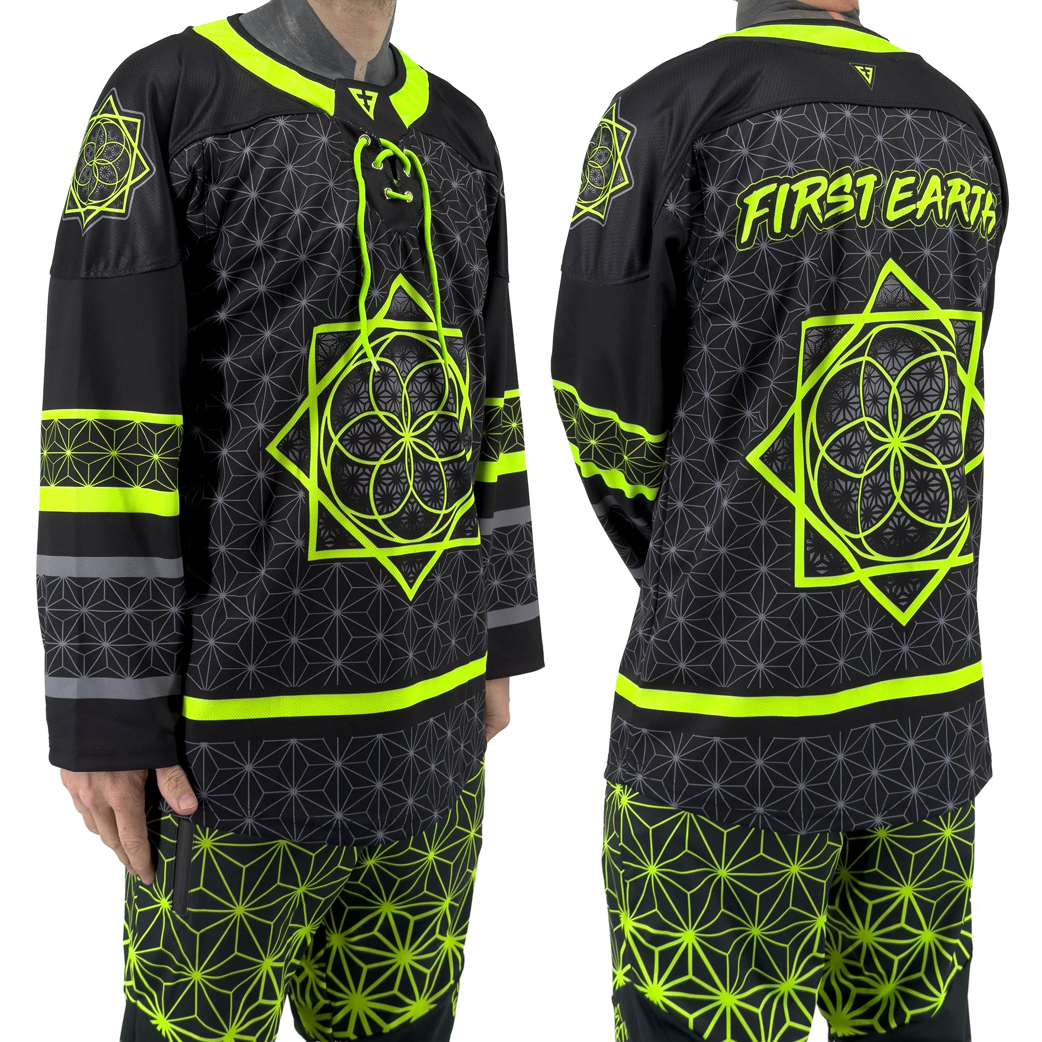Model wearing First Earth UV green and grey asanoha hockey jersey showing front and back Flow Star graphics