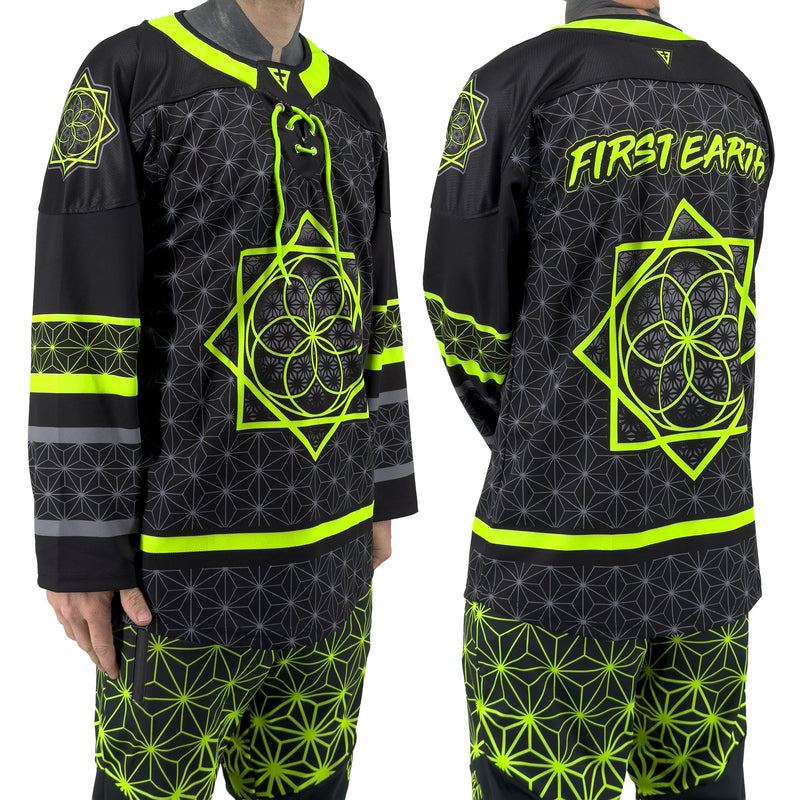 Model wearing First Earth UV green and grey asanoha hockey jersey showing front and back Flow Star graphics