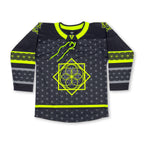Front view of First Earth UV green and grey asanoha hockey jersey with lace-up collar and Flow Star graphic