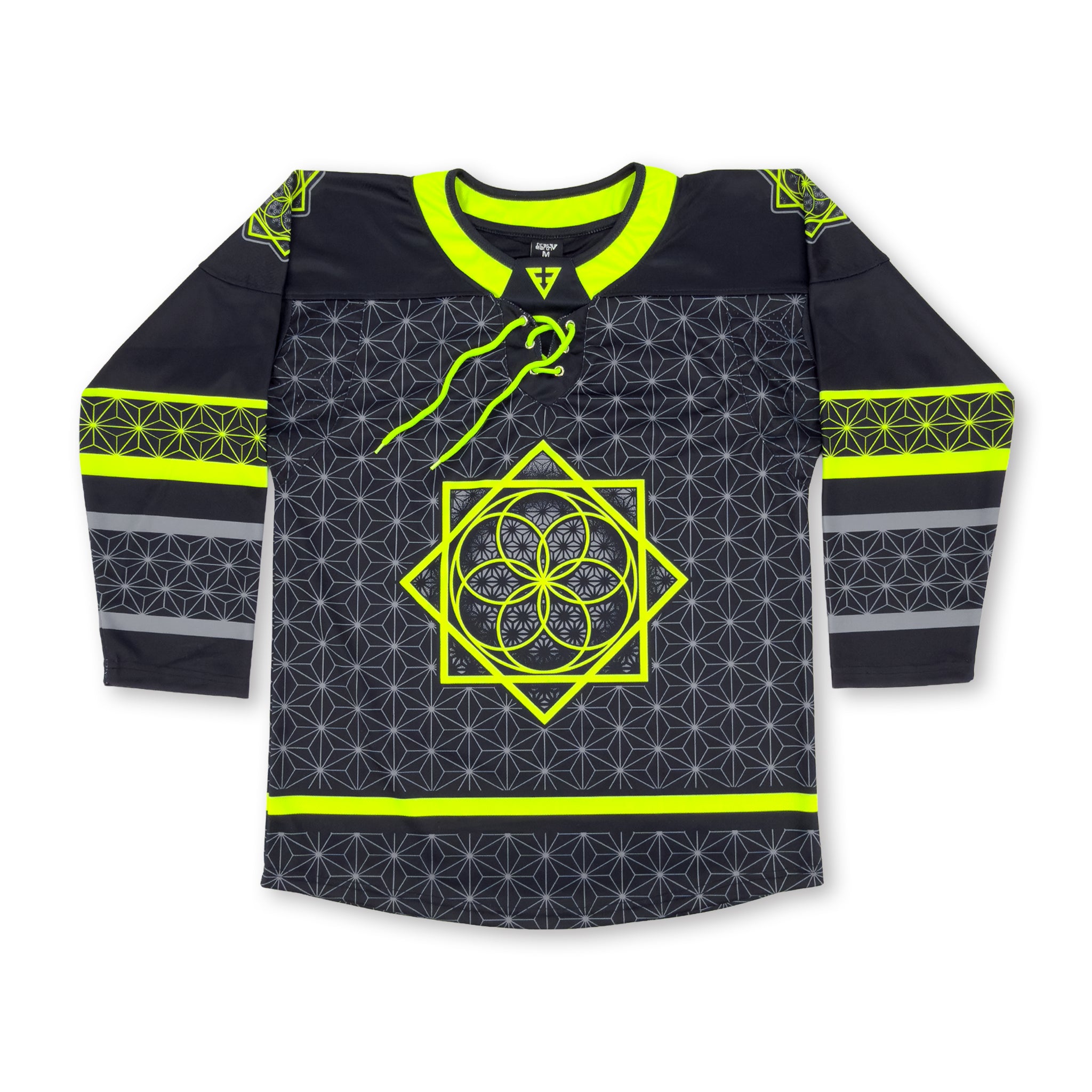 Front view of First Earth UV green and grey asanoha hockey jersey with lace-up collar and Flow Star graphic