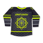 Back view of First Earth UV green and grey asanoha hockey jersey with logo and large Flow Star graphic