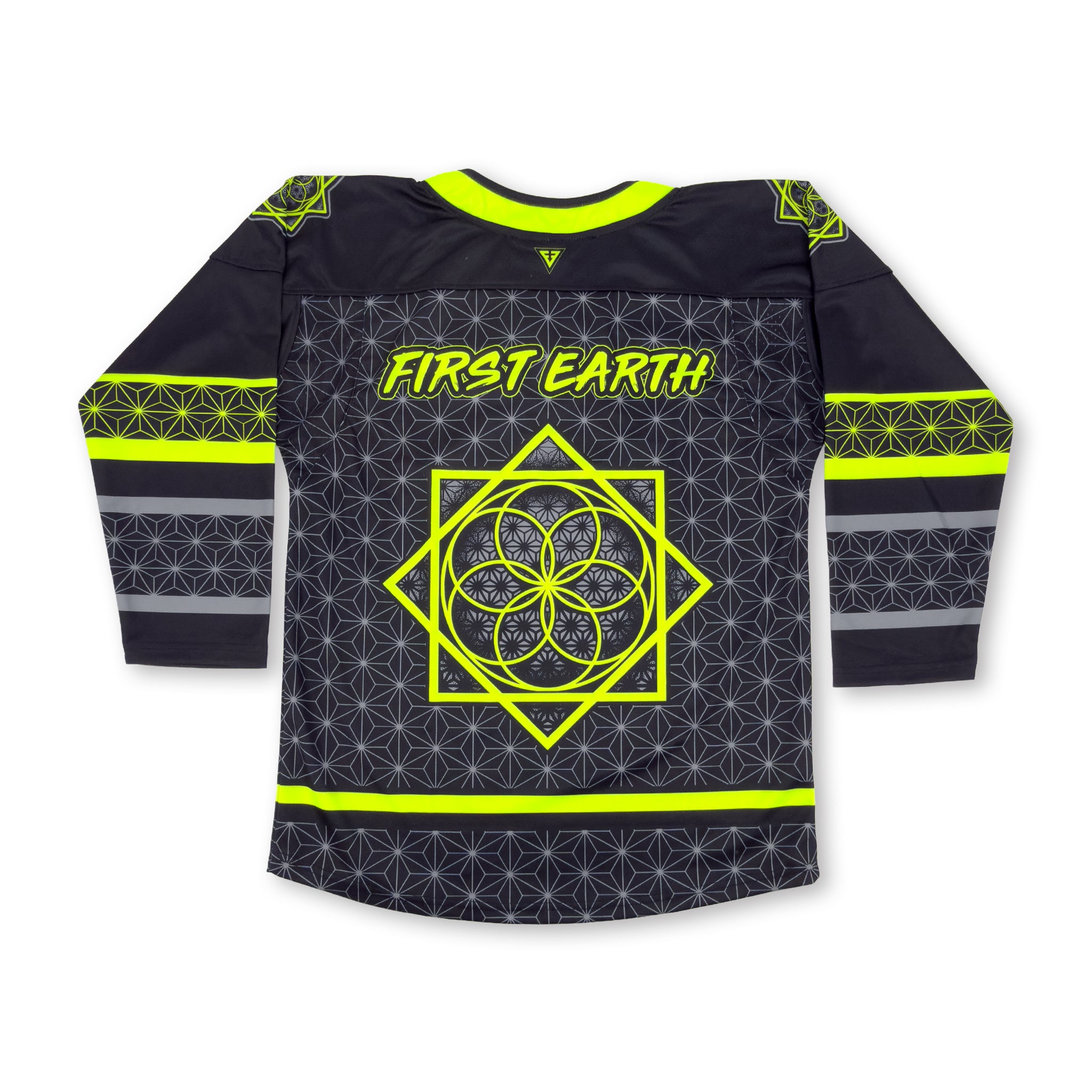 Back view of First Earth UV green and grey asanoha hockey jersey with logo and large Flow Star graphic
