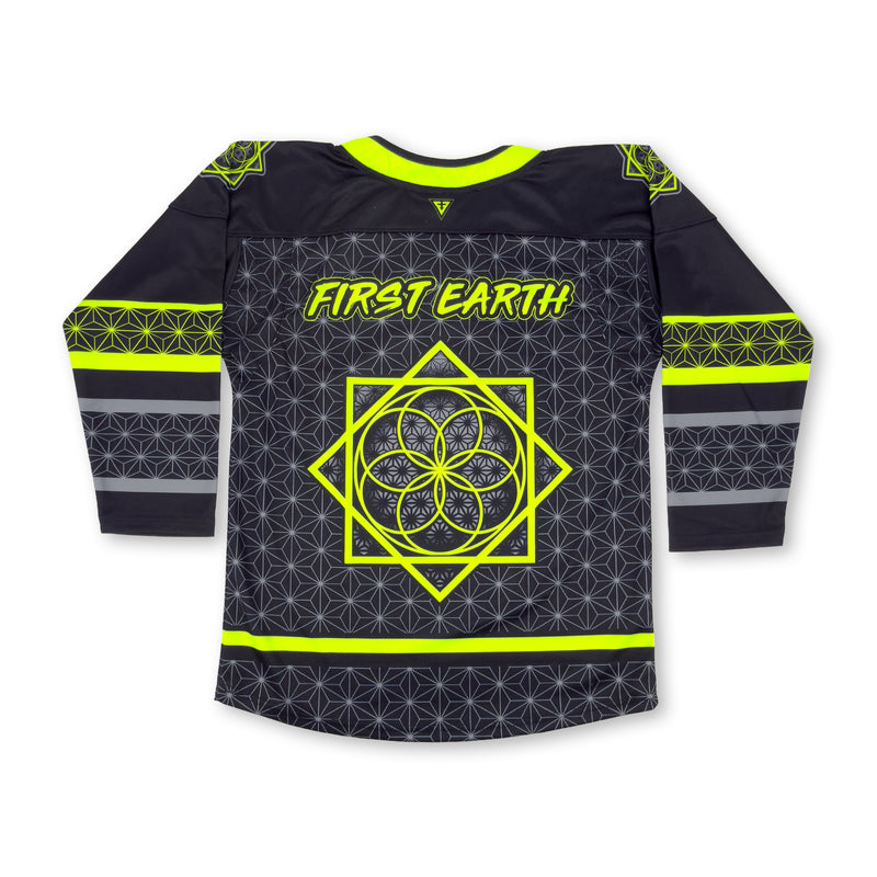 Back view of First Earth UV green and grey asanoha hockey jersey with logo and large Flow Star graphic