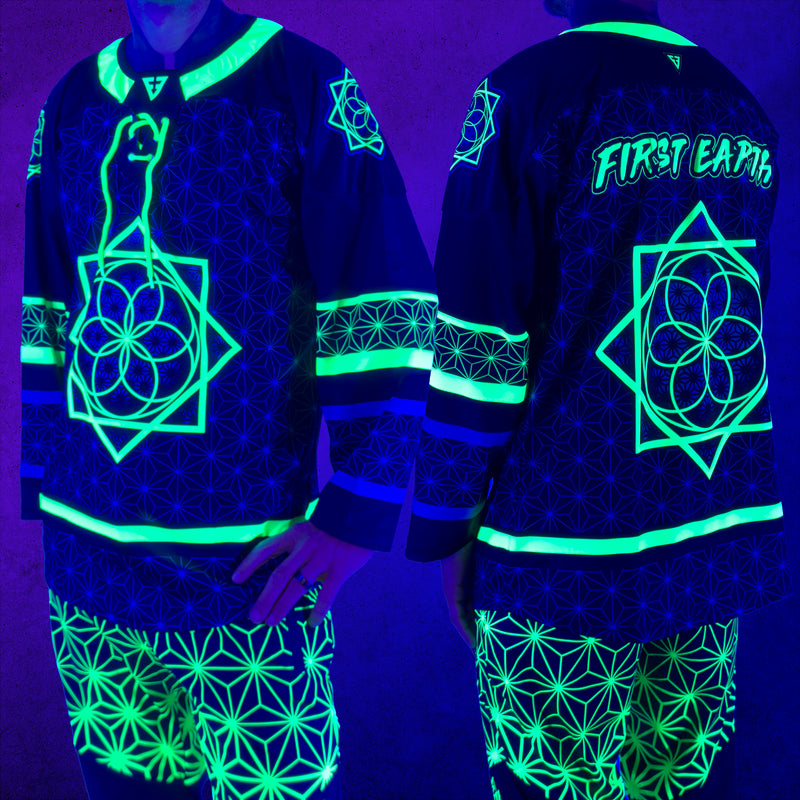First Earth UV green and grey asanoha hockey jersey glowing under blacklight, shown from front and back
