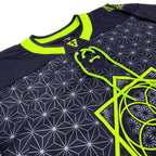 Close-up of the front neckline on First Earth UV green and grey asanoha hockey jersey with lace-up detail