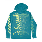First Earth MMXXIV aqua pullover hoodie for rave and festival wear
