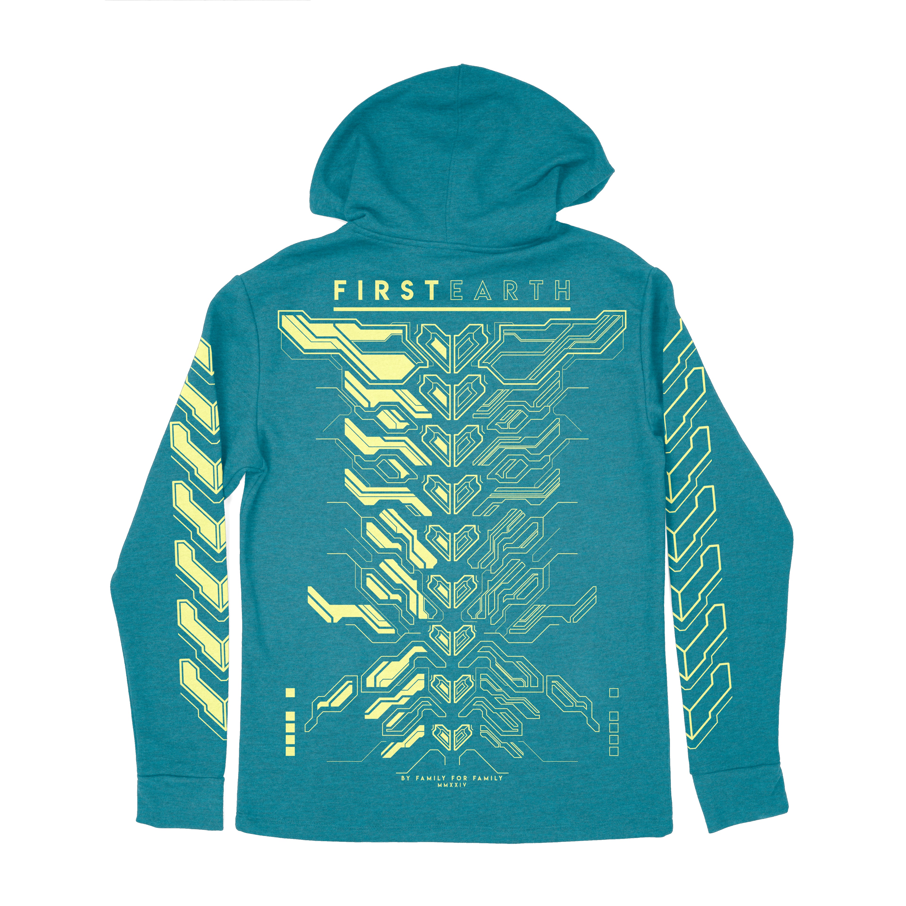 First Earth MMXXIV aqua pullover hoodie for rave and festival wear