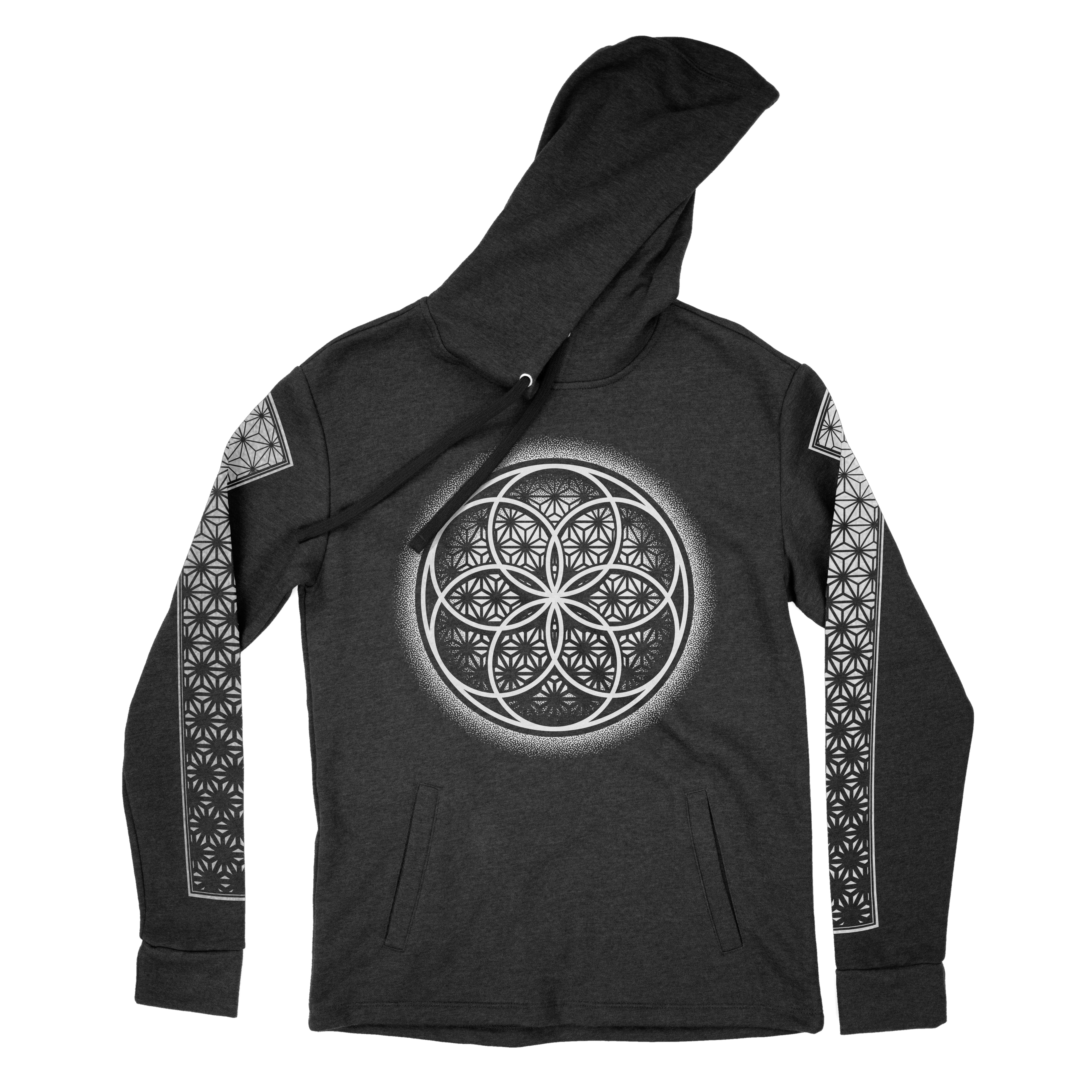 Flower of Life black and silver pullover hoodie by First Earth – cozy festival-ready pullover with sacred geometry design on soft breathable fabric