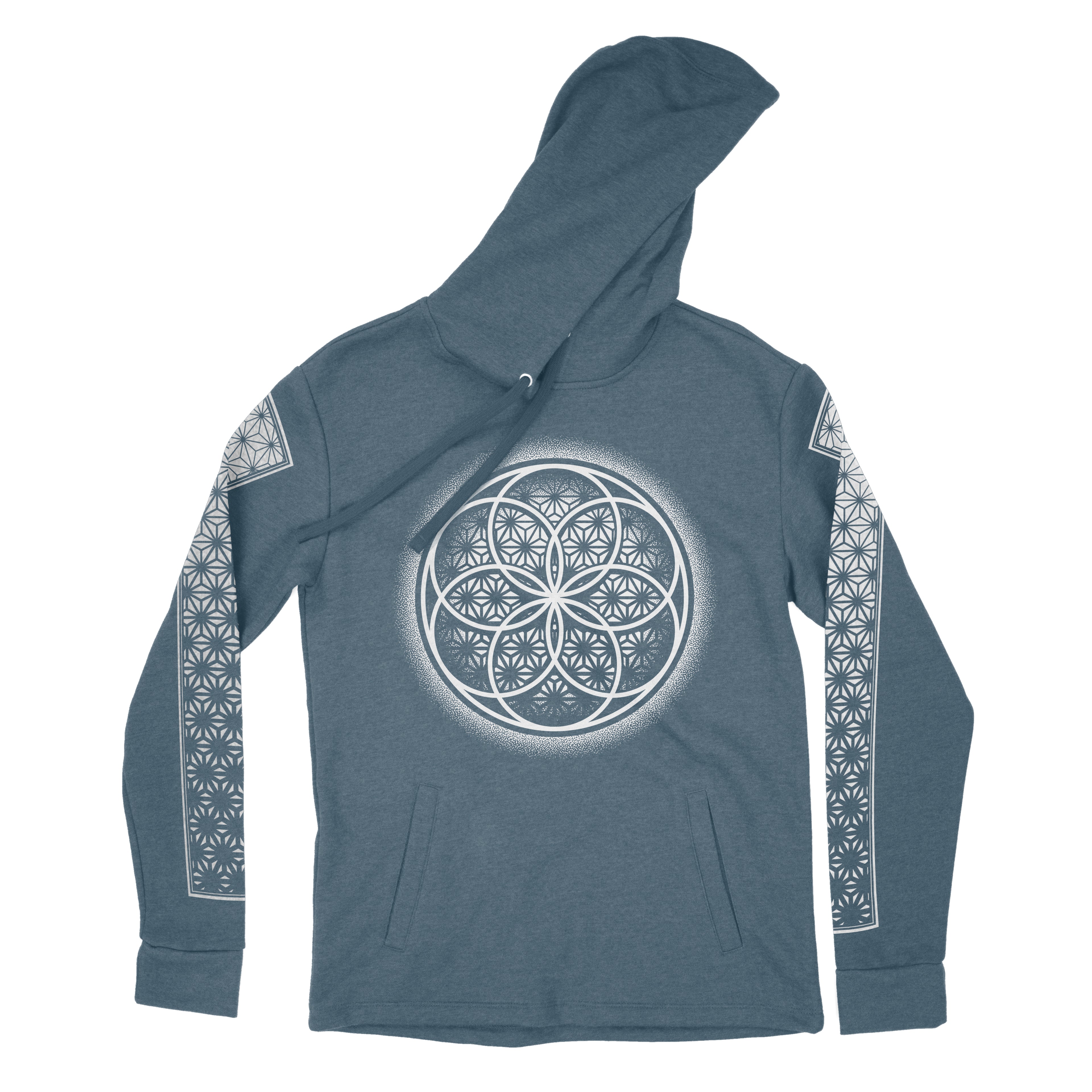 Flower of Life blue pullover hoodie by First Earth – vibrant sacred geometry rave hoodie in breathable cotton blend, perfect for dusk-to-dawn layering 