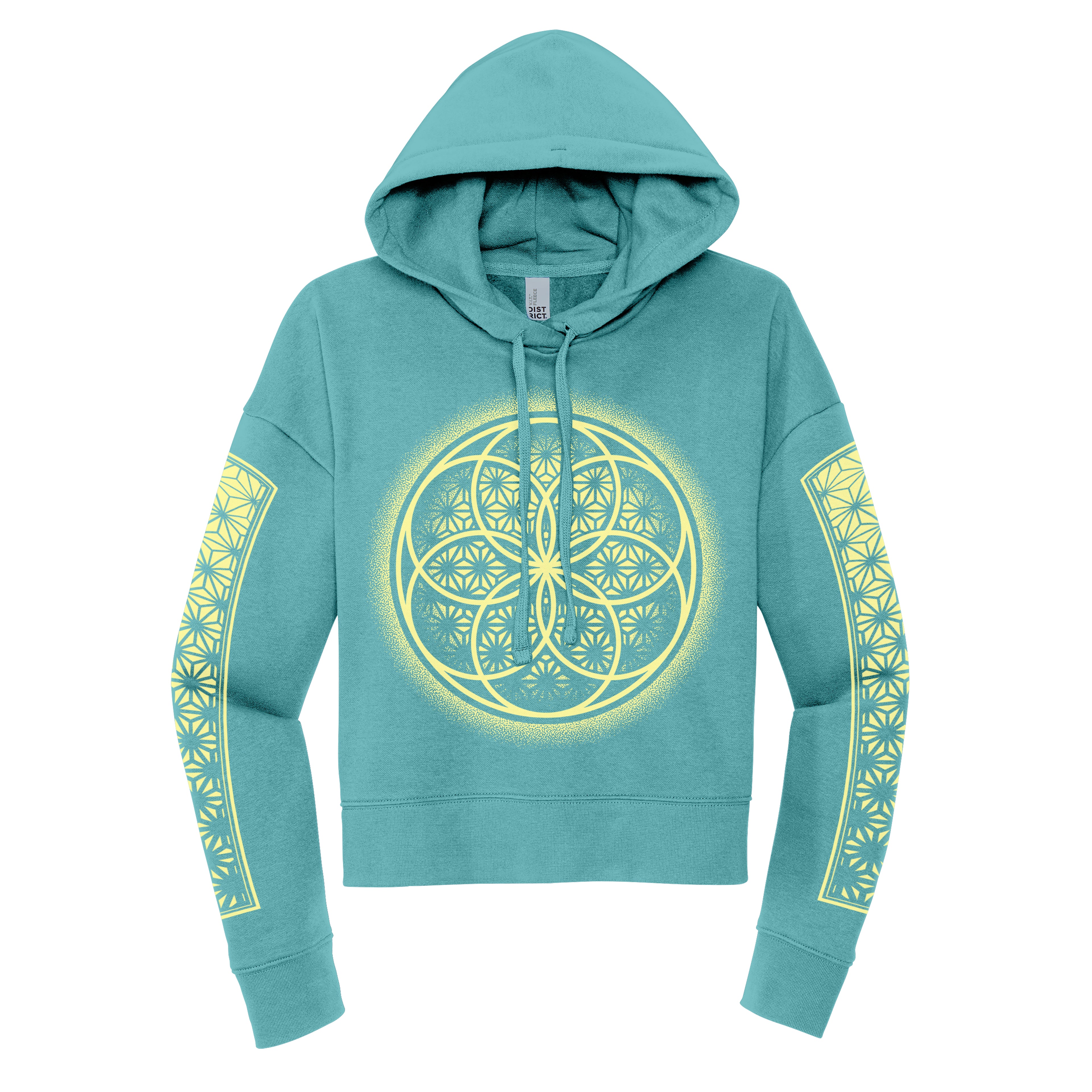 Flower of Life teal crop hoodie by First Earth – cropped rave hoodie with sacred geometry design, breathable cotton-poly blend, perfect for twilight layering 