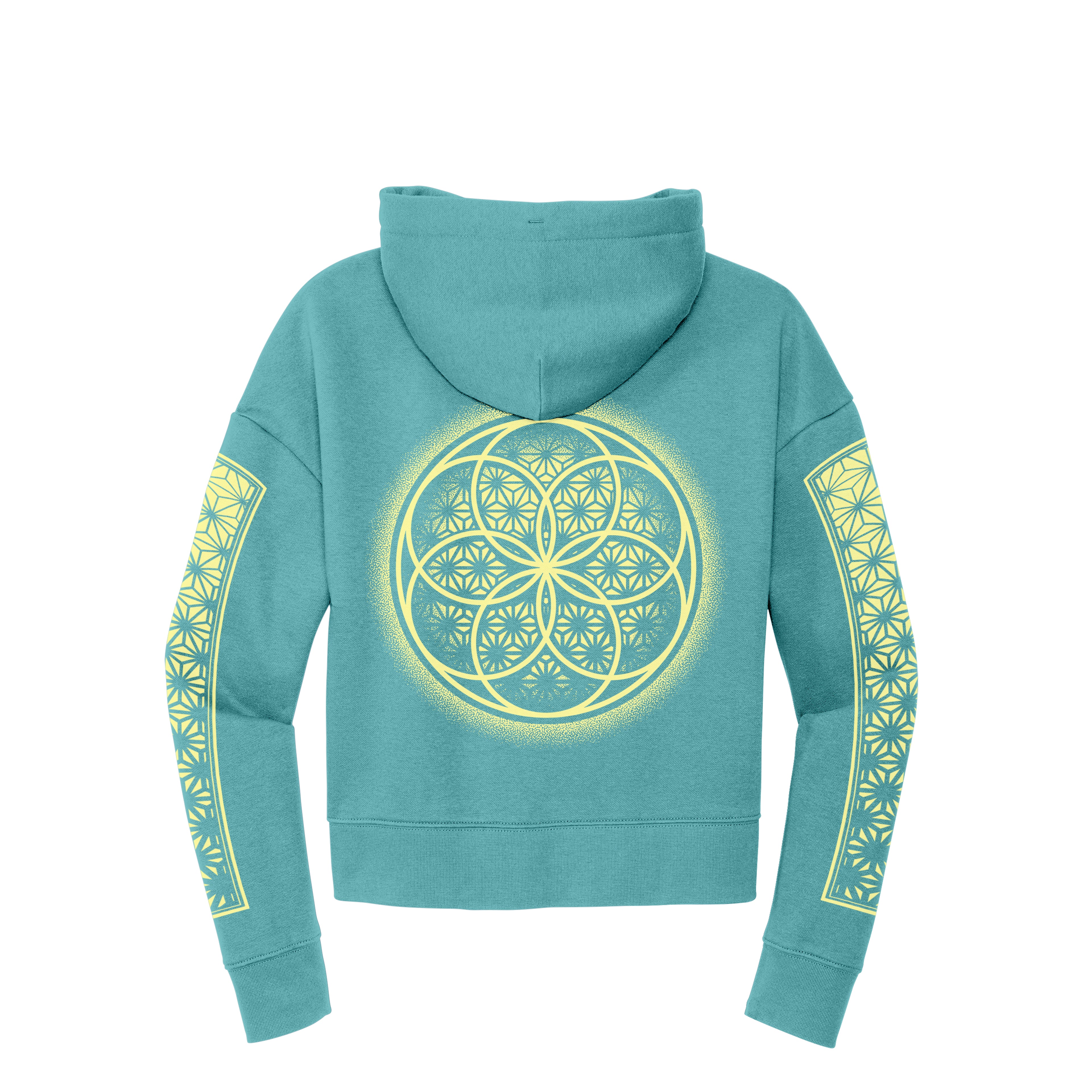 Flower of Life teal crop hoodie by First Earth – cropped rave hoodie with sacred geometry design, breathable cotton-poly blend, perfect for twilight layering 