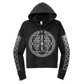 Flower of Life black and silver crop hoodie by First Earth – festival-essential cropped top with sacred geometry print, soft breathable fabric, bold yet functional