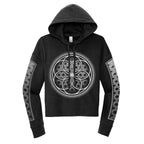 Flower of Life black and silver crop hoodie by First Earth – festival-essential cropped top with sacred geometry print, soft breathable fabric, bold yet functional
