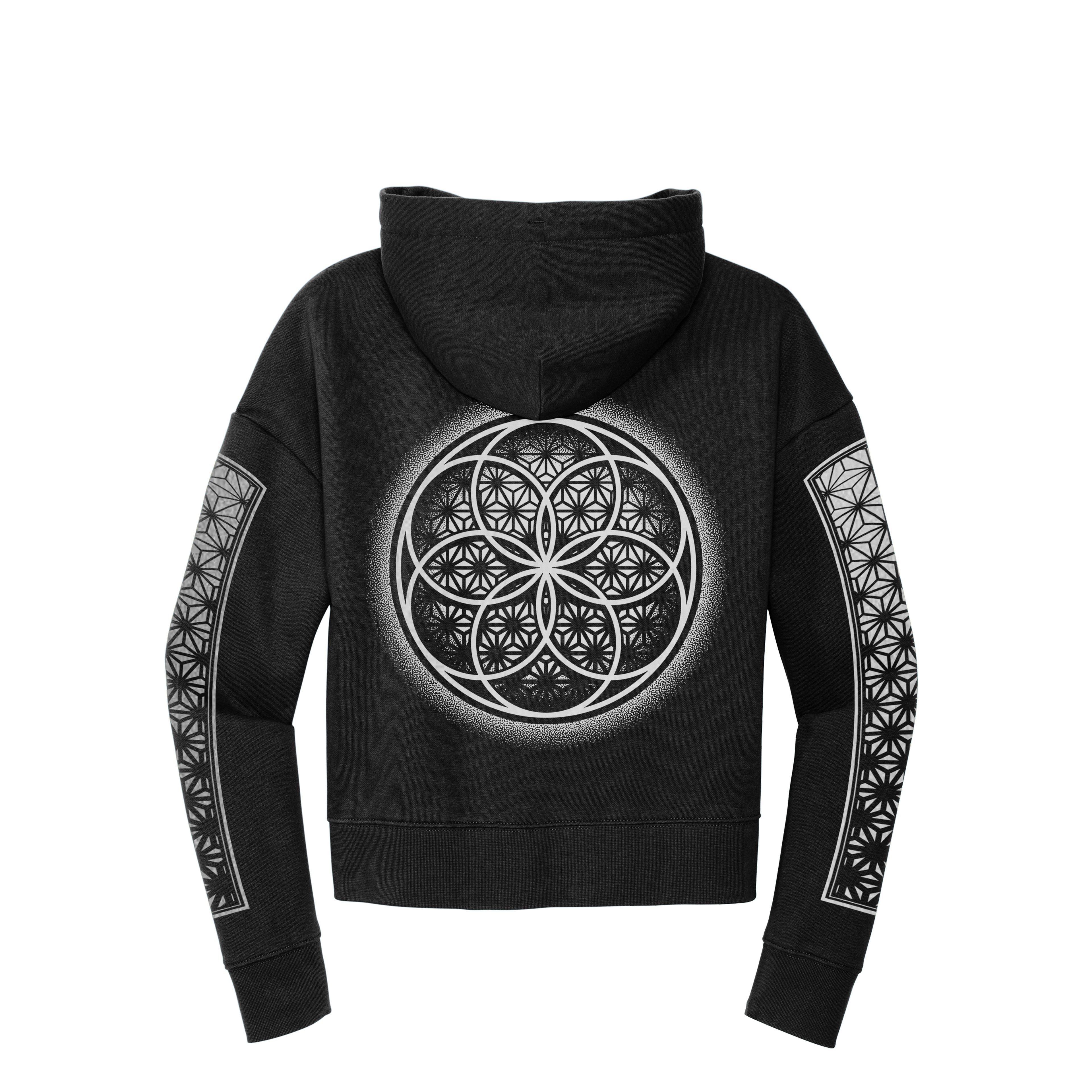 Flower of Life black and silver crop hoodie by First Earth – festival-essential cropped top with sacred geometry print, soft breathable fabric, bold yet functional