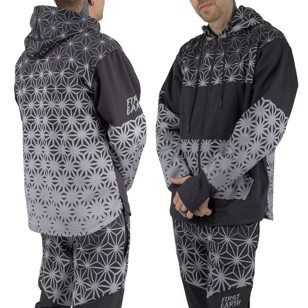 Asanoha Grey UV rave zip up hoodie with sacred Japanese pattern that glows under blacklight