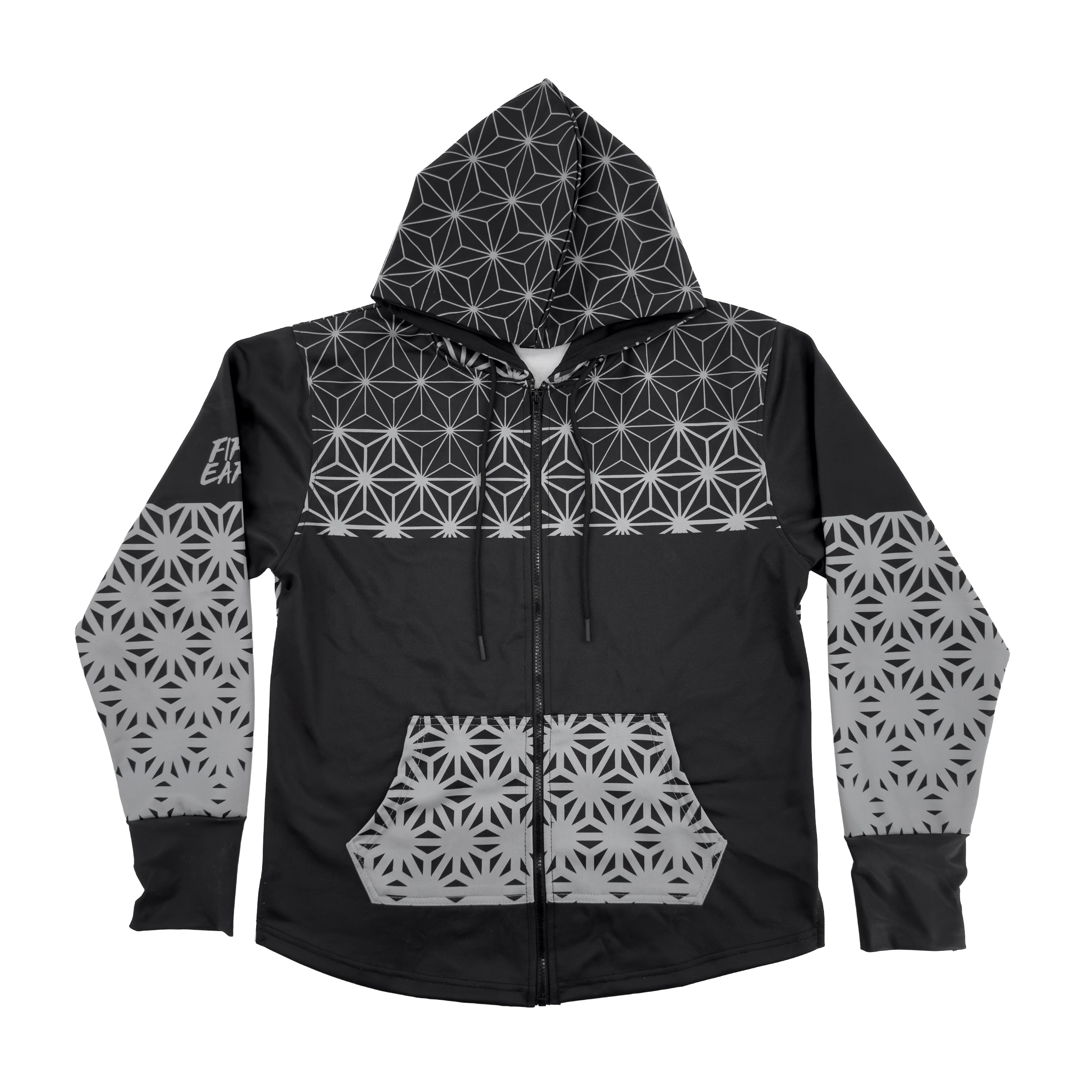 Asanoha Grey UV rave zip up hoodie with sacred Japanese pattern that glows under blacklight