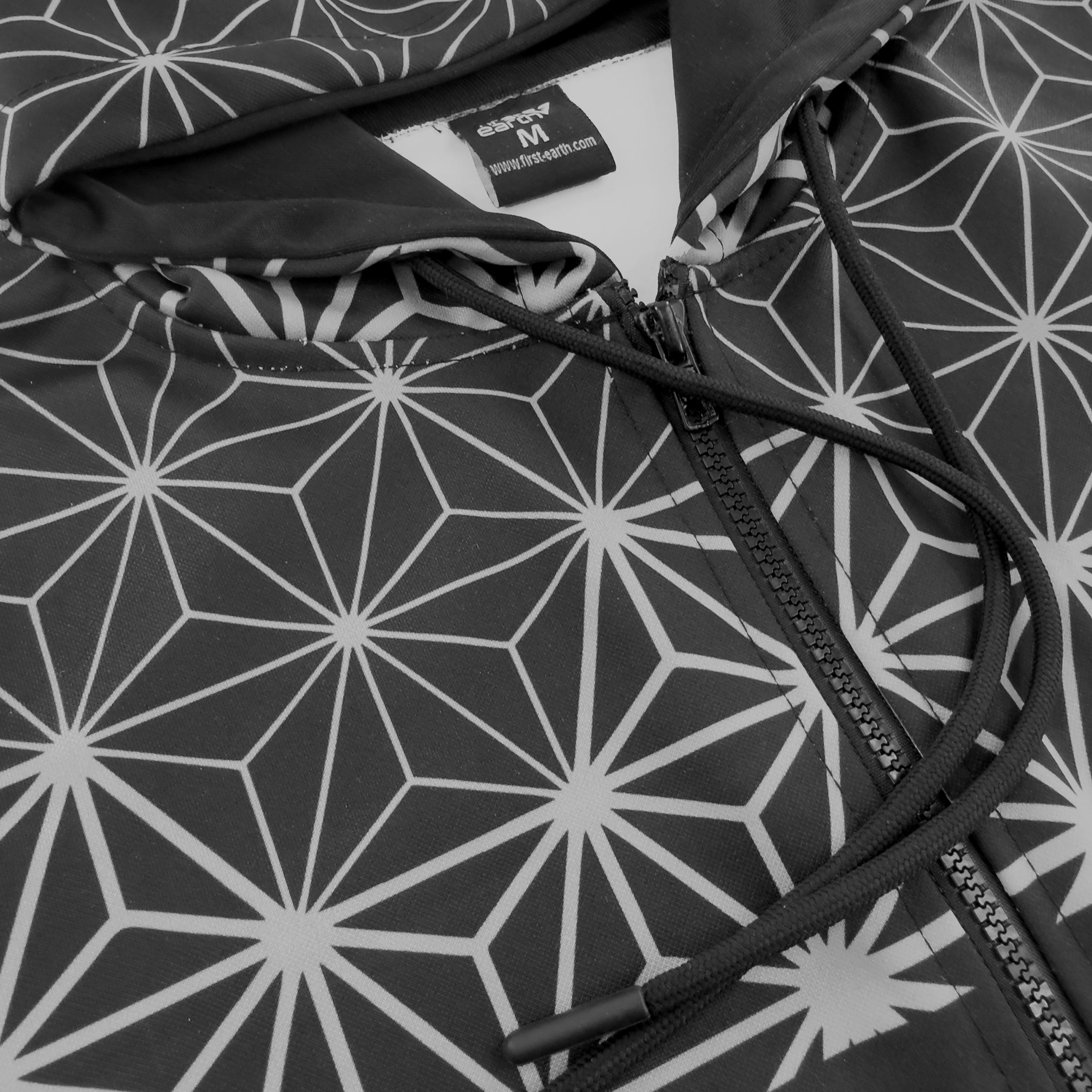 Asanoha Grey UV rave zip up hoodie with sacred Japanese pattern that glows under blacklight