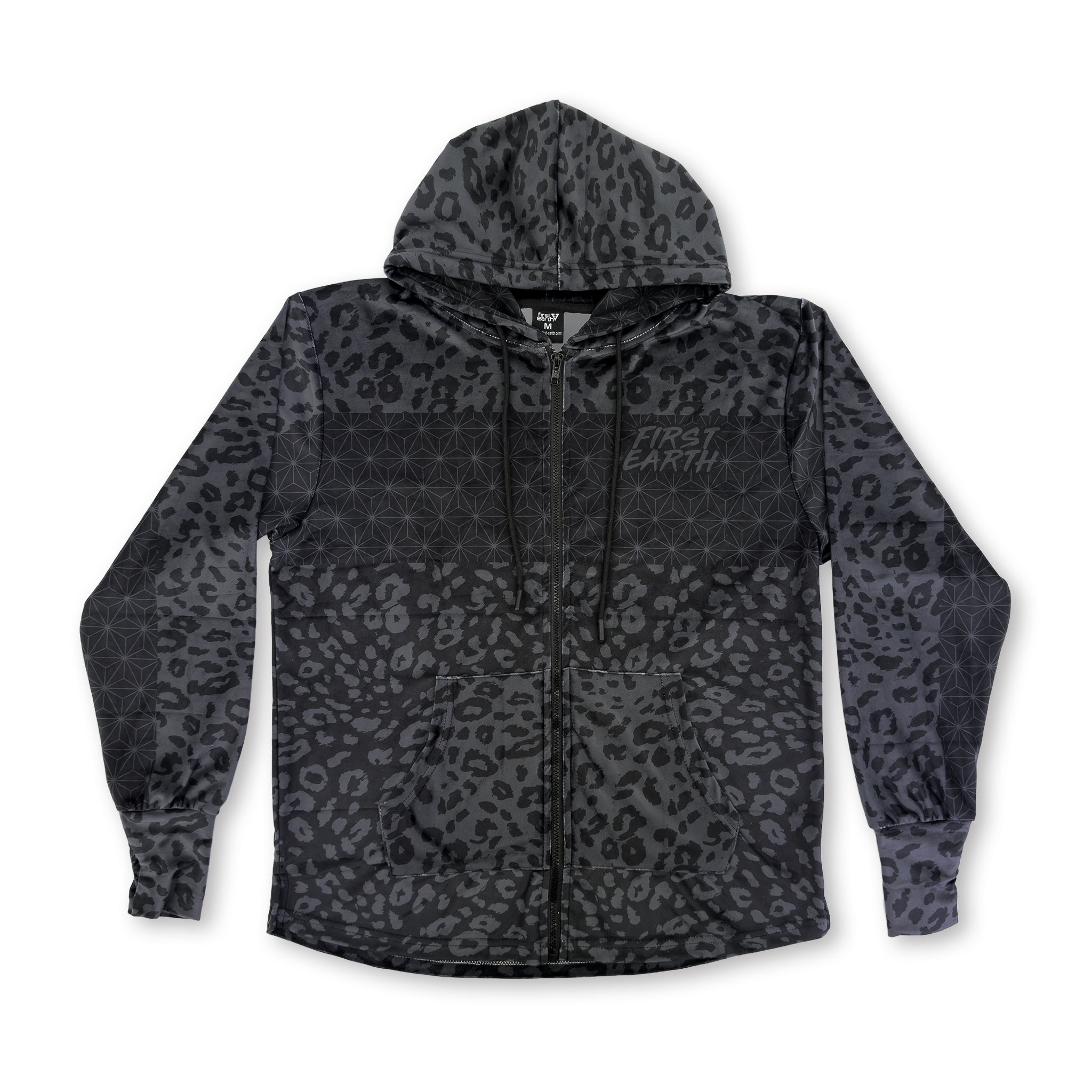 First Earth Midnight Cheetah velvet hoodie front with dark cheetah print, zipper, hood, and pockets