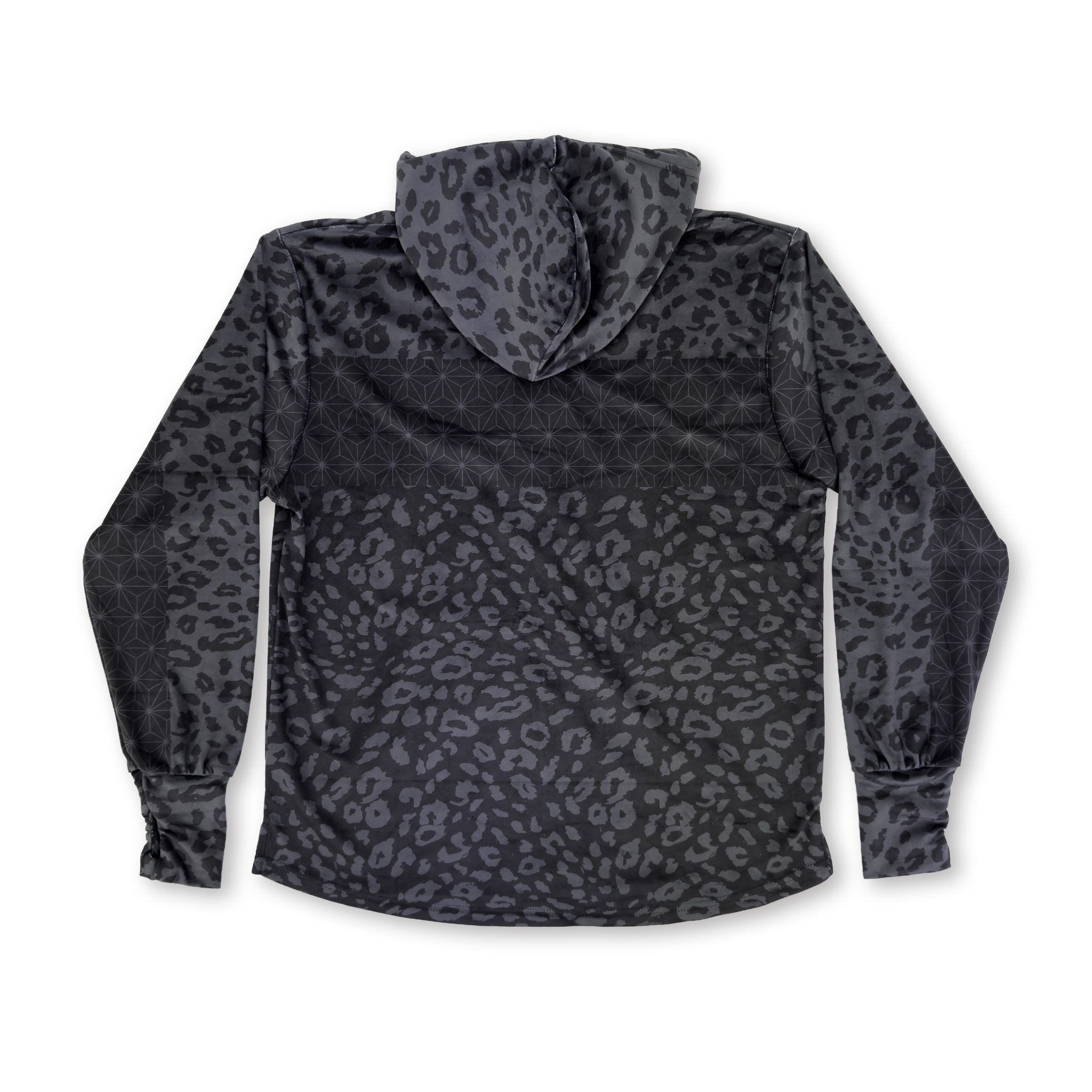 First Earth Midnight Cheetah velvet hoodie back with hood and black gray cheetah print