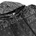 First Earth Midnight Cheetah velvet hoodie close up showing zipper, drawstrings, hood, and soft fabric