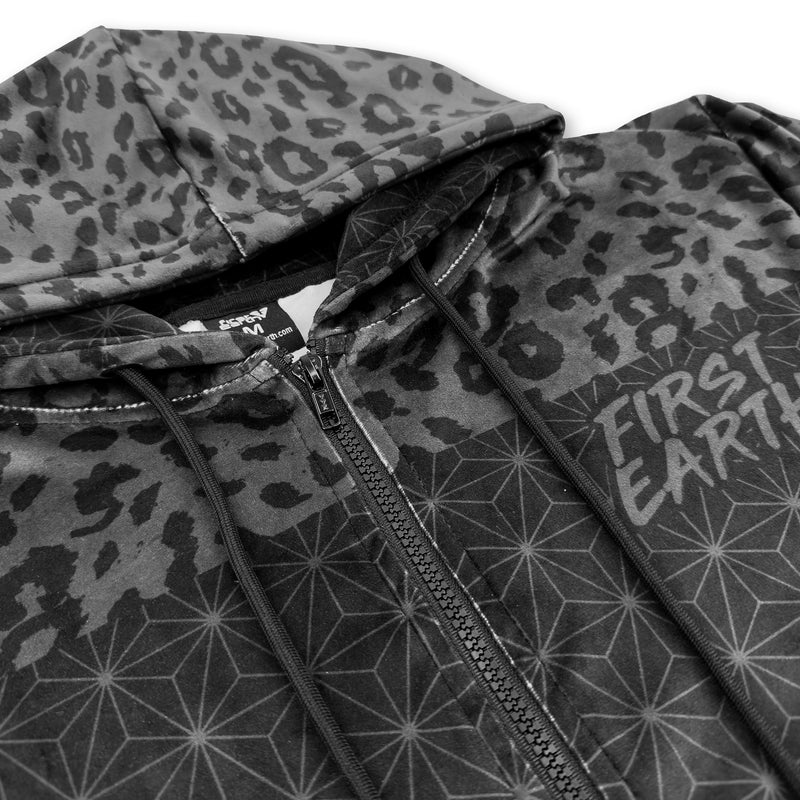 First Earth Midnight Cheetah velvet hoodie close up showing zipper, drawstrings, hood, and soft fabric