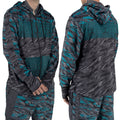 First Earth Shadow zip hoodie on model showing front and back views with grey geometric and teal stripe artwork