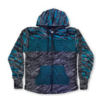 First Earth Shadow velvet hoodie front with teal gray geometric artwork, zipper, hood, and pockets