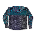 First Earth Shadow velvet hoodie back with hood, teal accents, and dark gray abstract artwork