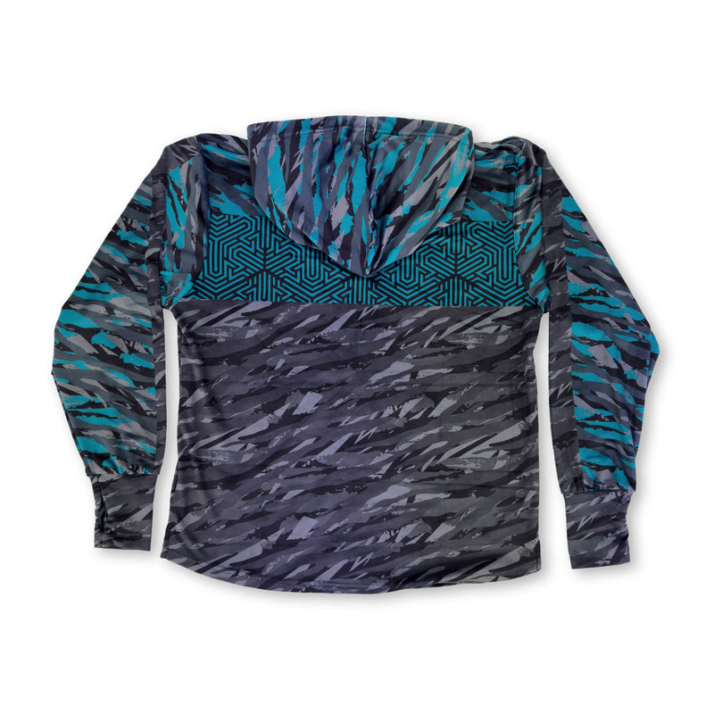 First Earth Shadow velvet hoodie back with hood, teal accents, and dark gray abstract artwork