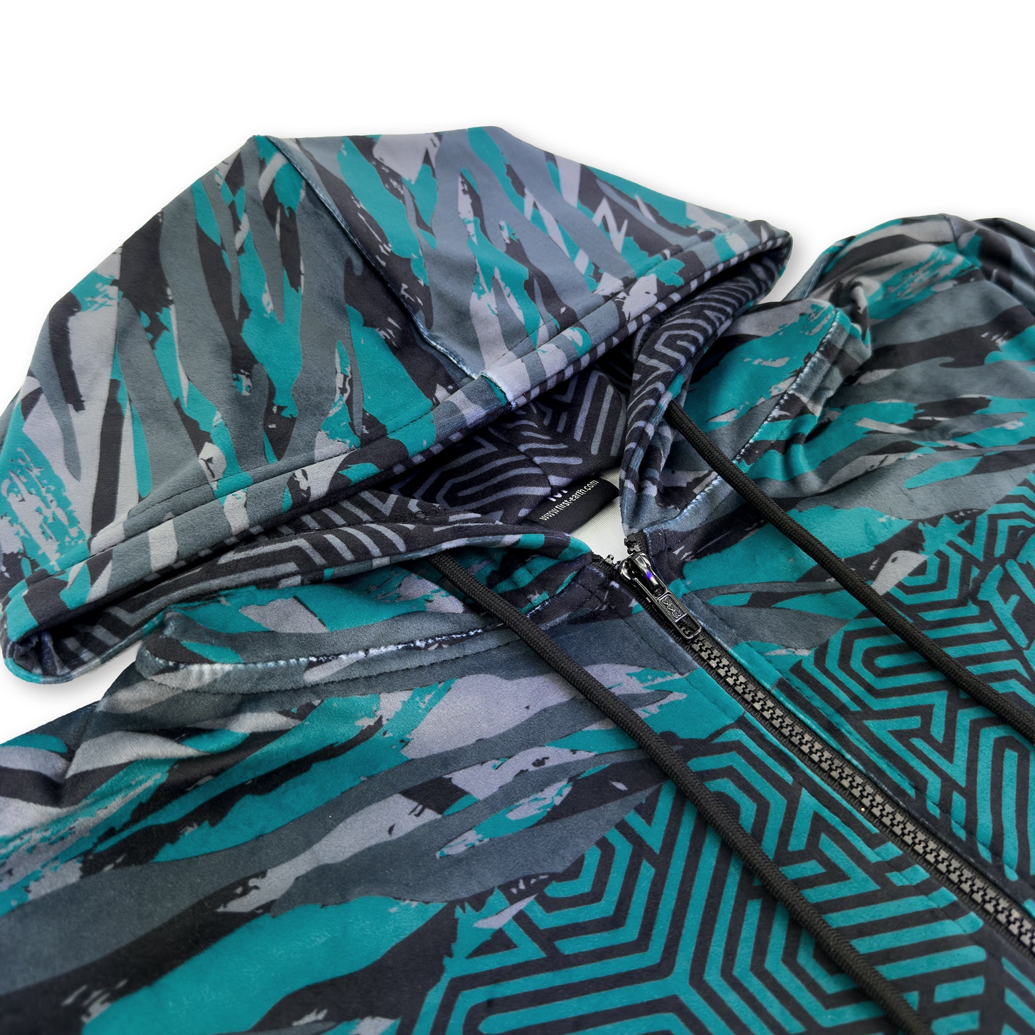 First Earth Shadow velvet hoodie close up showing hood, zipper, drawstrings, and soft fabric