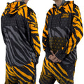 First Earth Sacred Stripes UV zip hoodie on model showing front and back views with orange tiger stripe design