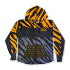 First Earth Sacred Stripes velvet hoodie front with orange black tiger stripes, zipper, hood, and pockets