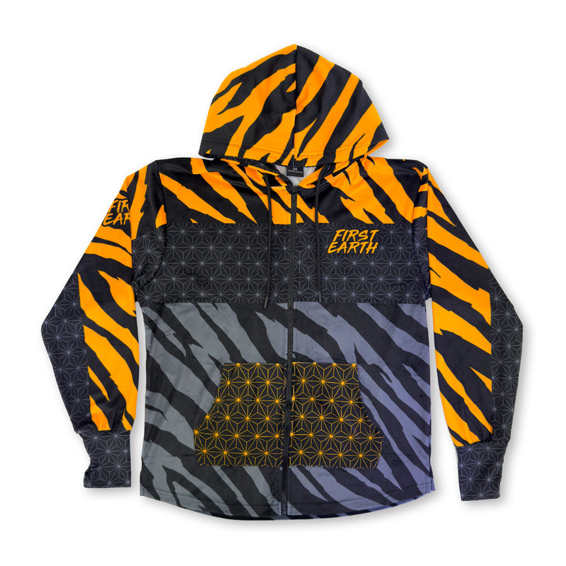 First Earth Sacred Stripes velvet hoodie front with orange black tiger stripes, zipper, hood, and pockets