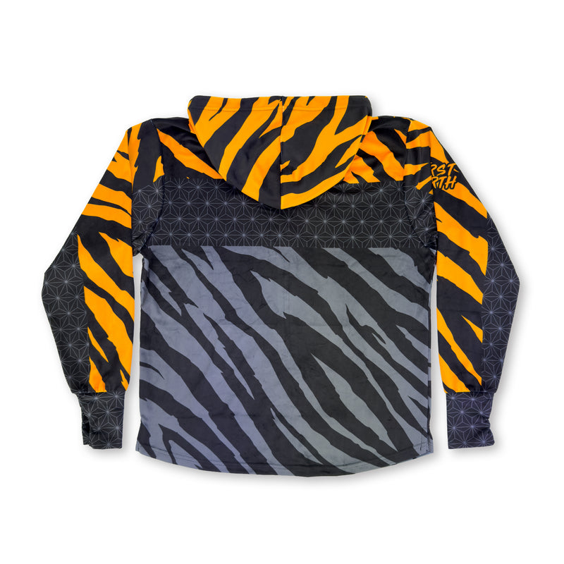 First Earth Sacred Stripes velvet hoodie back with hood, orange tiger stripes, and gray artwork
